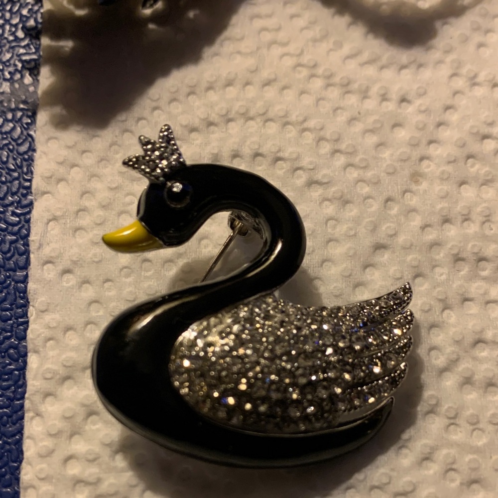 Black Enamel and Silver Swan Brooch